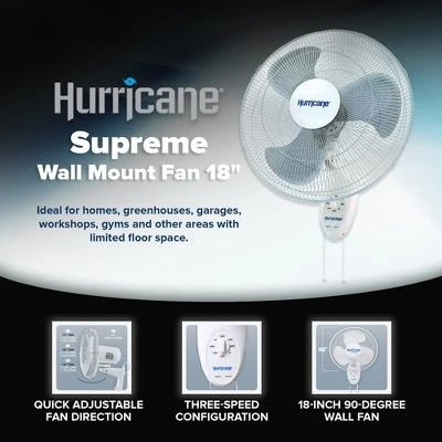Hurricane Supreme 18 Inch 90 Degree Oscillating Indoor Wall Mounted 3 Speed Fan With Adjustable Tilt And Pull Chain Control, White (2 Pack) 3 Hurricane Supreme 18 Inch 90 Degree Oscillating Indoor Wall Mounted 3 Speed Fan With Adjustable Tilt And Pull Chain Control, White (2 Pack)