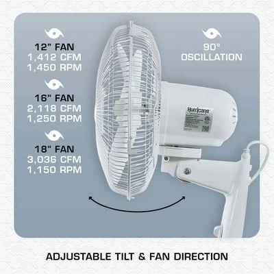 Hurricane Supreme 18 Inch 90 Degree Oscillating Indoor Wall Mounted 3 Speed Fan With Adjustable Tilt And Pull Chain Control, White (2 Pack) 6 Hurricane Supreme 18 Inch 90 Degree Oscillating Indoor Wall Mounted 3 Speed Fan With Adjustable Tilt And Pull Chain Control, White (2 Pack) - Image 4