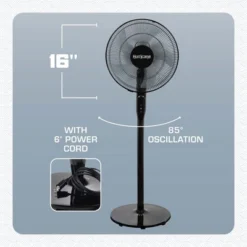 Hurricane Oscillating Pedestal Stand Fan, 12-Speed Cooling Unit, 16", Black - With Remote Control, Adjustable Tilt & Height, For Home, Bedroom, Office